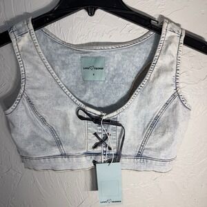 NWT WMNs S Love Trends Denim Crop Bustier W/leather Lace Up Front Detail Lg Wash